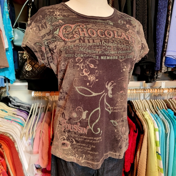 APT 9 ♡ Super-Sweet Brown 'n Tan Cotton Embellished Bling CHOCOLATE Shirt S - Picture 3 of 16